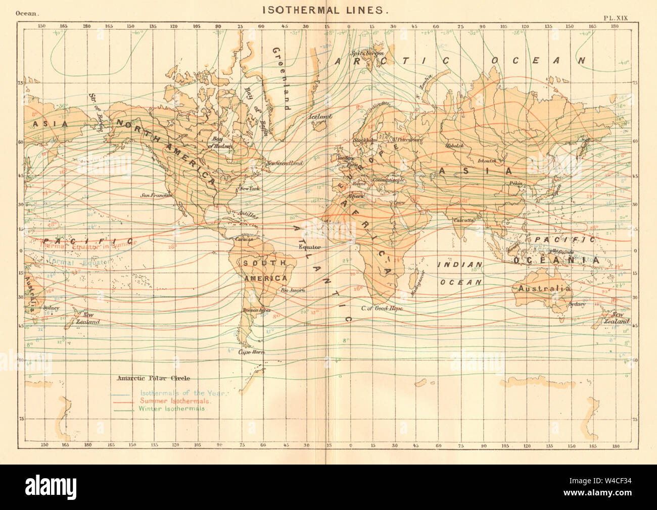 Isothermal Lines. World 1886 old antique vintage map plan chart Stock Photo