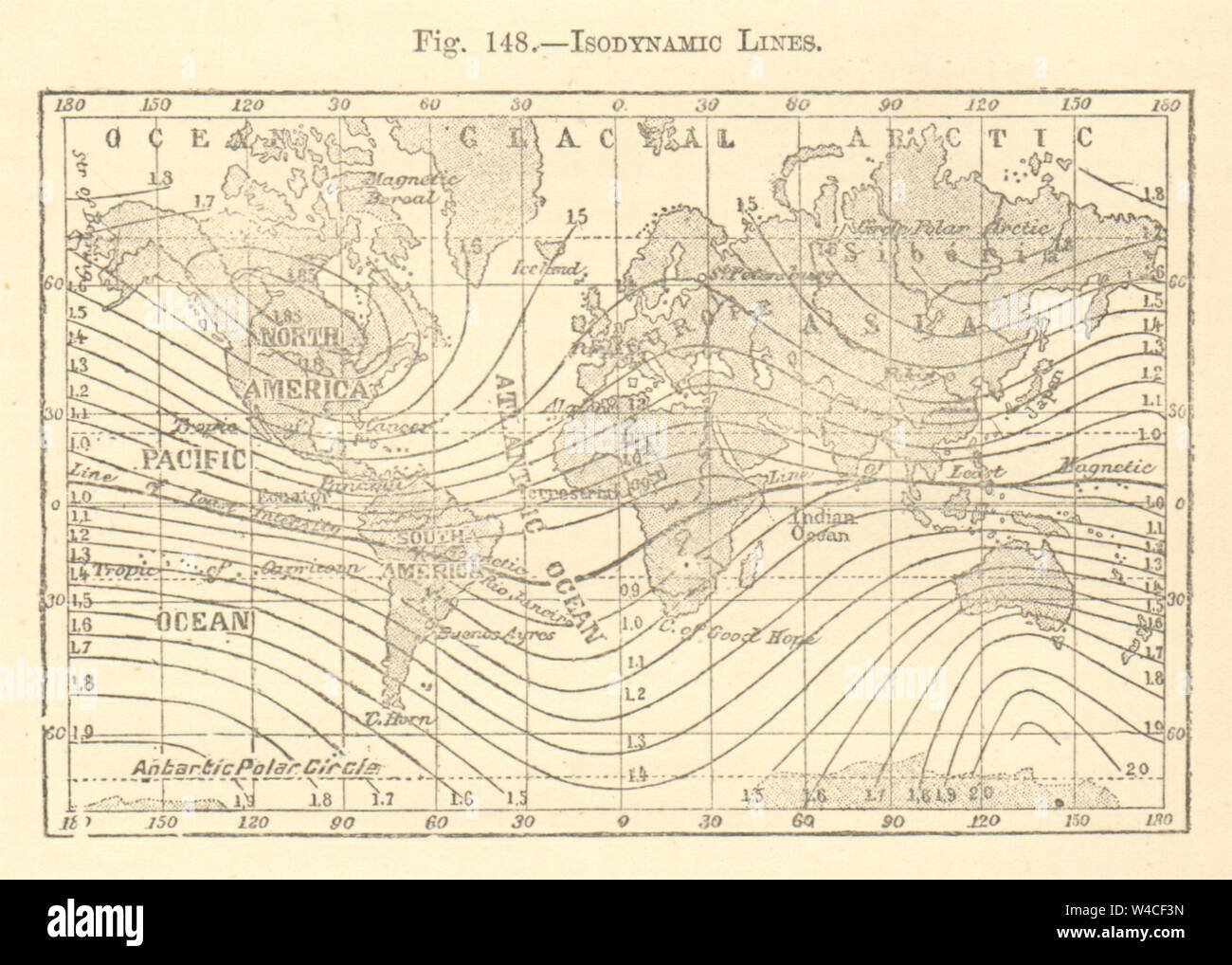 Isodynamic Lines. World. SMALL sketch map 1886 old antique plan chart Stock Photo