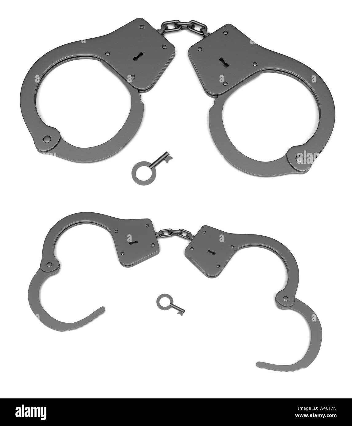 Police handcuffs with a key. Open and closed. 3d rendering illustration isolated Stock Photo