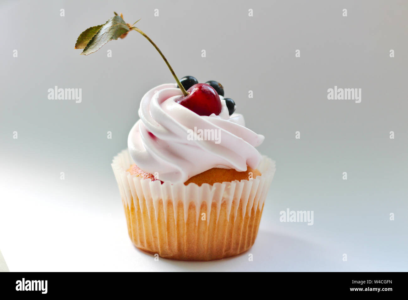 Isolated cupcake with cream, cherry with a leaf and black currant on a white background. Stock Photo