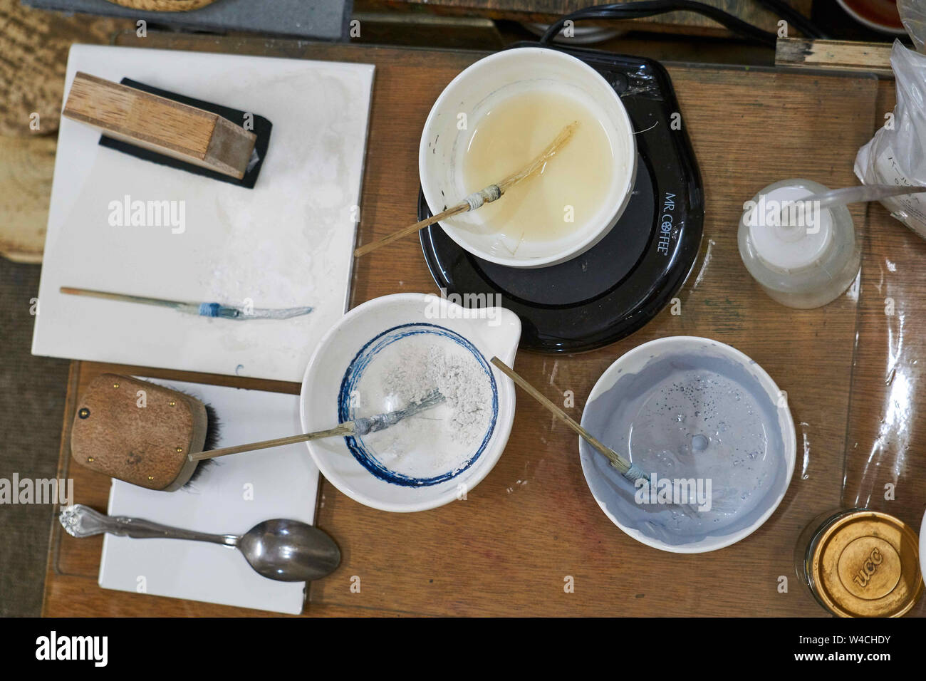 Printmaker's tools and materials, such as brushes, ground pearl powder ...
