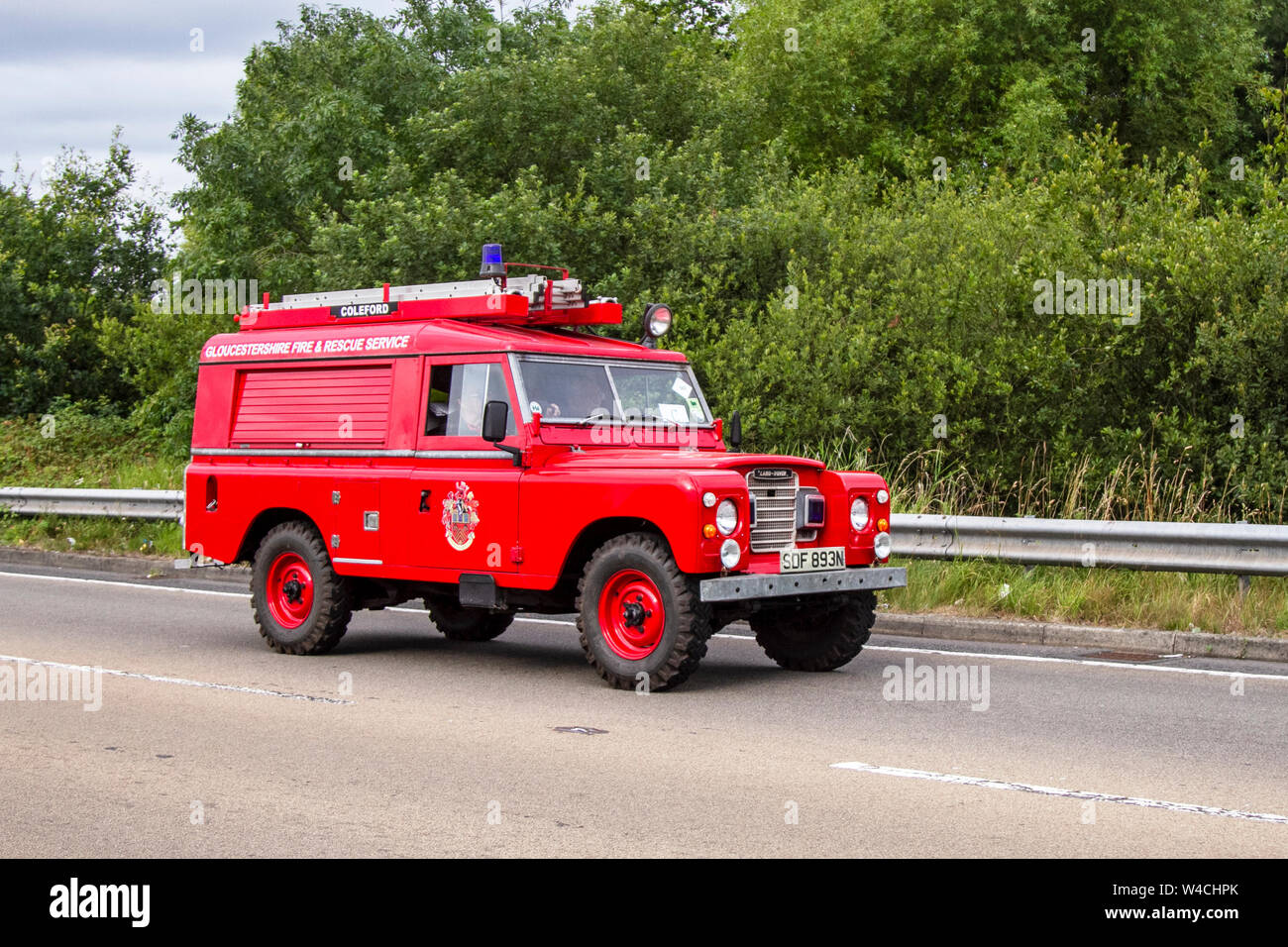 1974 70s Red Land Rover fire engine LCV, Gl Sunday 2019; a festival of Transport held in the seaside town of Fleetwood, Lancashire, UK Stock Photo