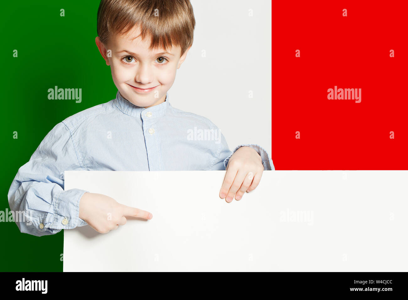 Happy Child Boy Holding White Banner With Italian Flag Stock Photo   Alamy