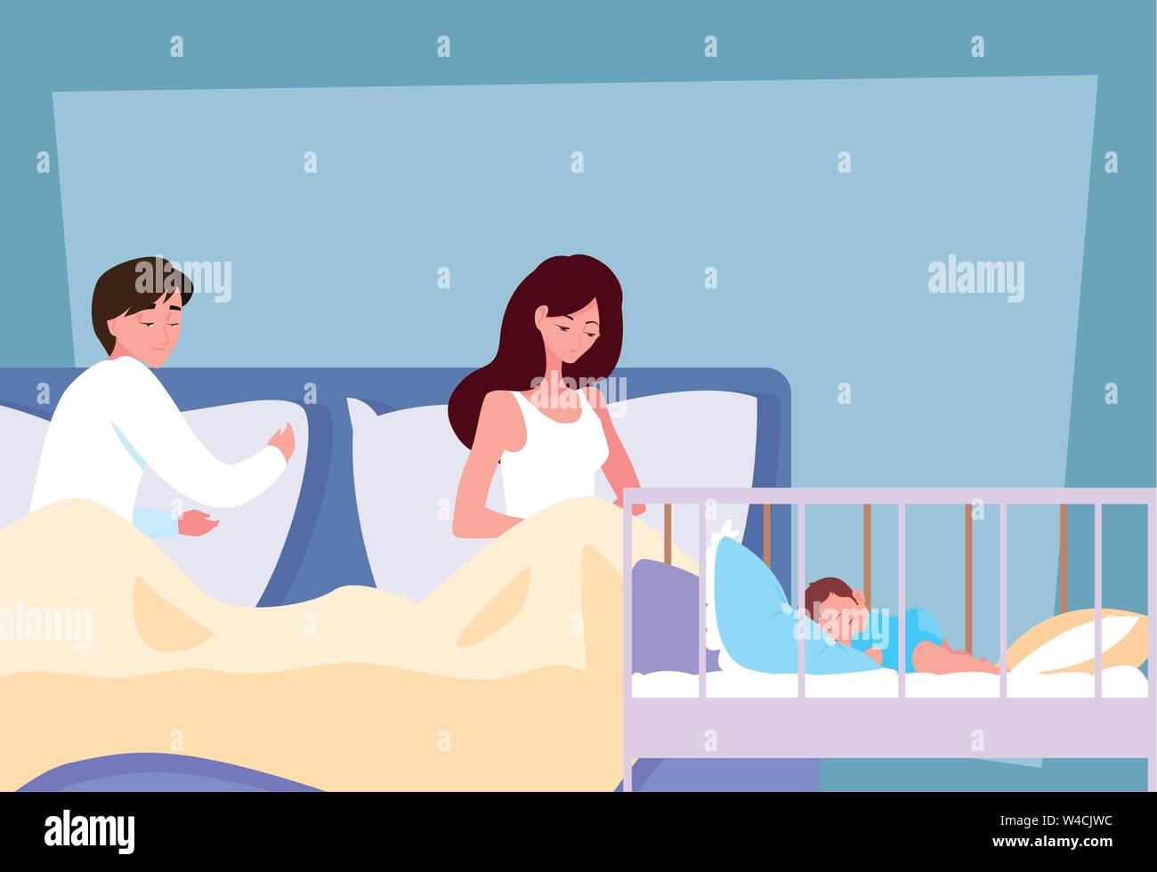 parents in bed with baby in crib vector illustration design Stock