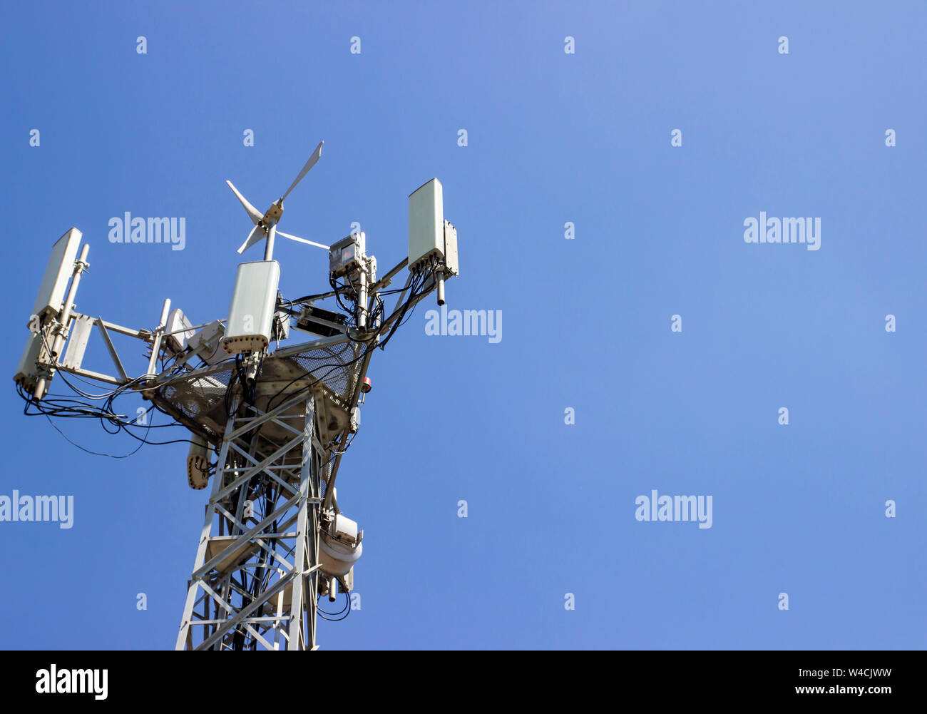 Cellular Base Station or Base Transceiver Station. Telecommunication tower. Wireless Communication Antenna Transmitter. 3G, 4G and 5G Cell Site with Stock Photo