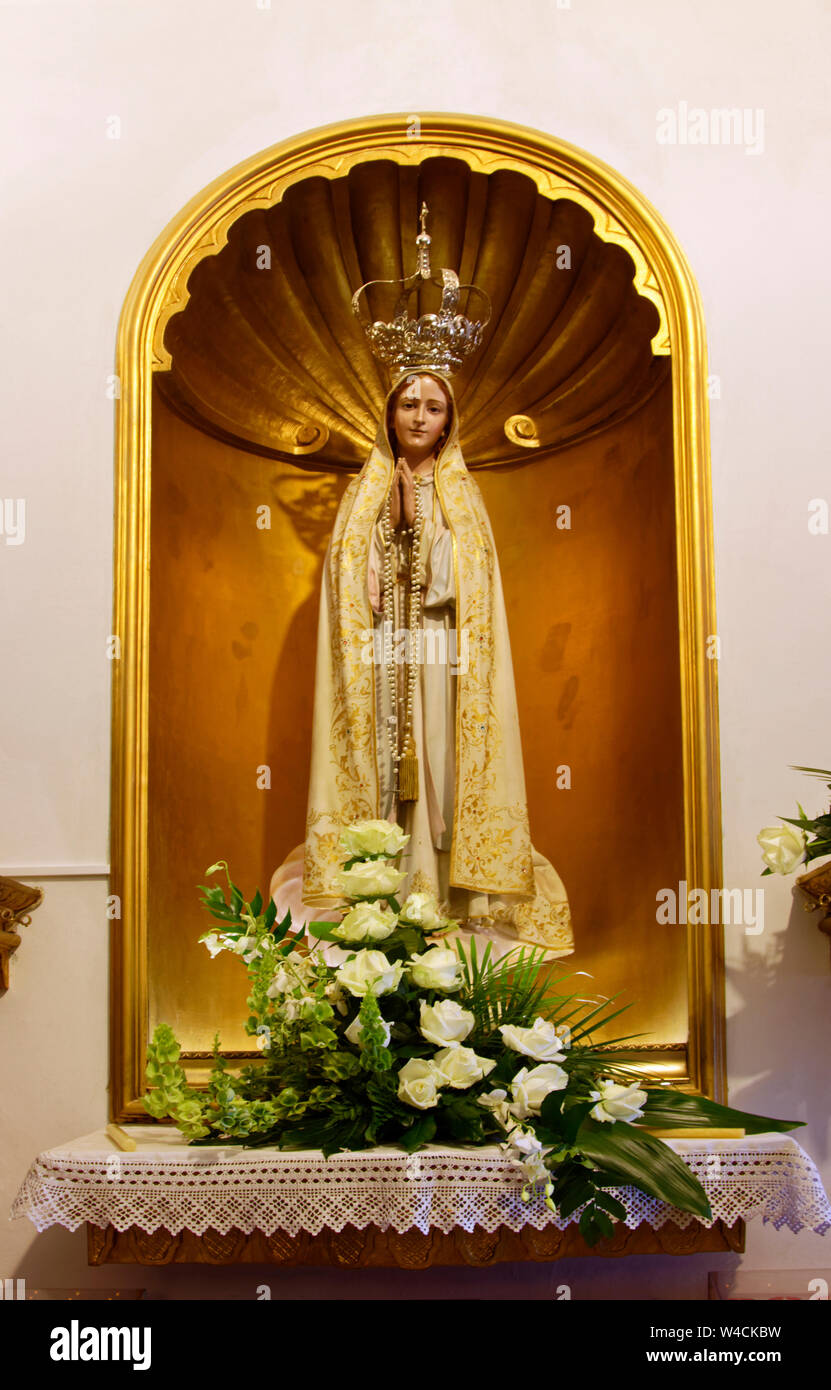 Blessed Mother Statue Crown Rosary Flowers Religious Art 