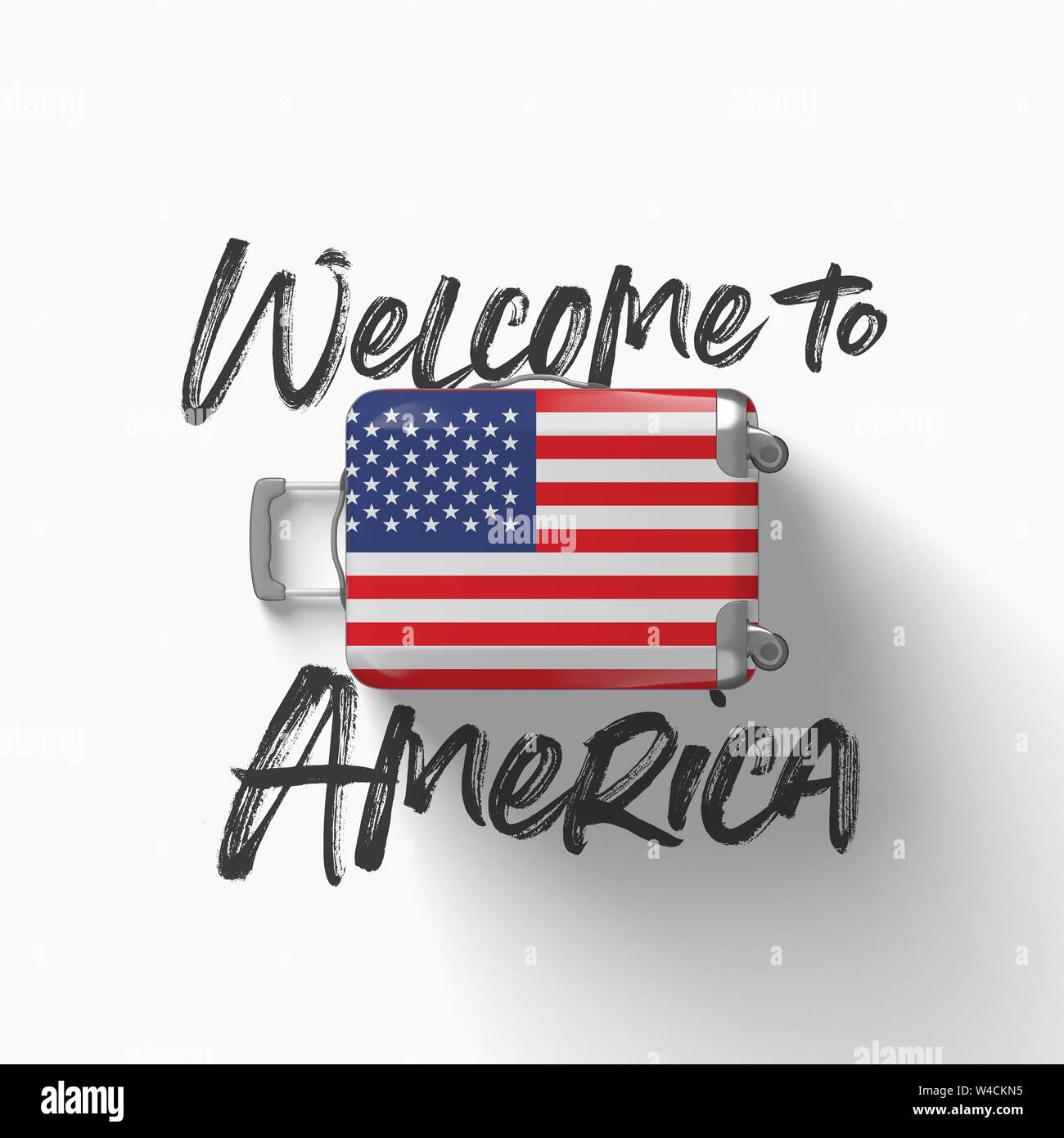 Welcome to America. national flag on a travel suitcase. 3D Render Stock