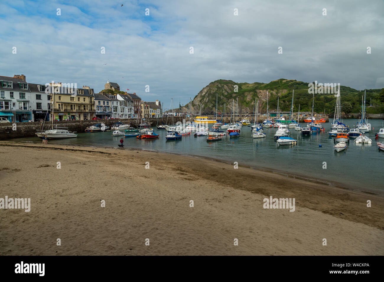 Th e town of Ilfracombe, on the north coast of Devon in England. Shows boats in the small harbour. Stock Photo