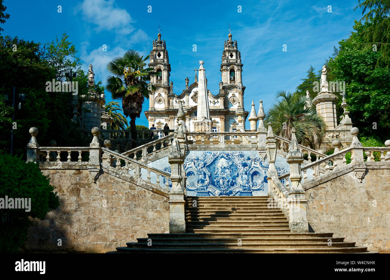 Baroque staircase to Monte de Santo Estavao; 611 steps; ornate; decorative; Azulejo tyle scene; 1781-1969, Santuario de Nossa Senhora dos Remedios, ba Stock Photo