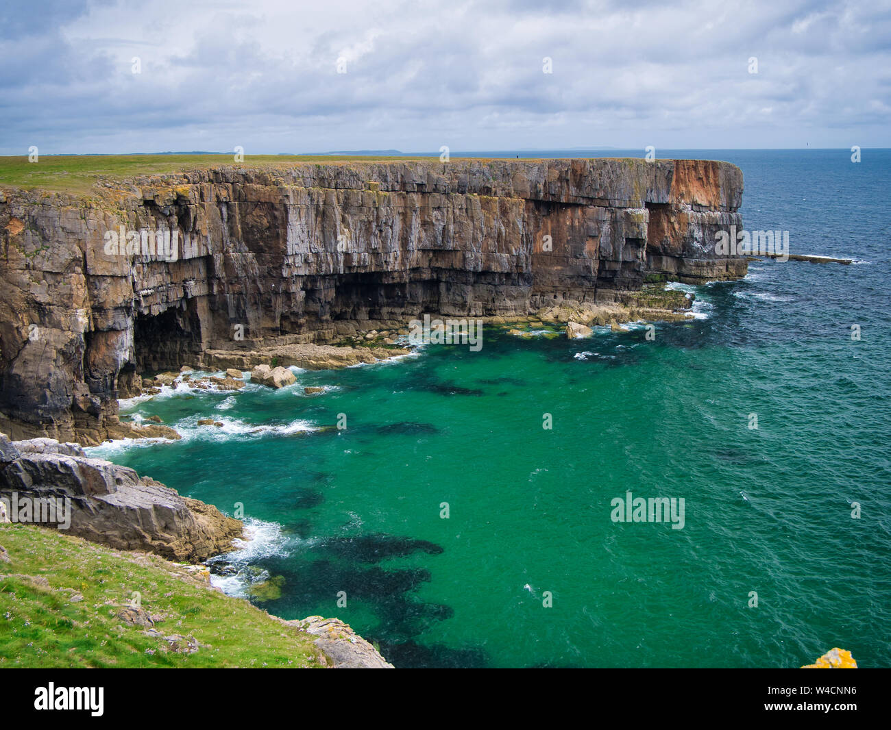 Coastal cliffs showing stratified rock formations in Pembrokeshire, South Wales, UK, as viewed from the Coast Path Stock Photo