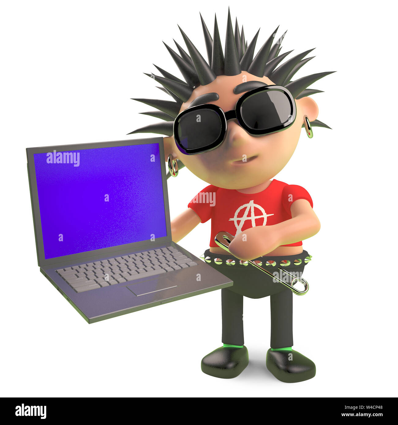 Cartoon vicious spiky punk rocker testing a new laptop computer, 3d ...
