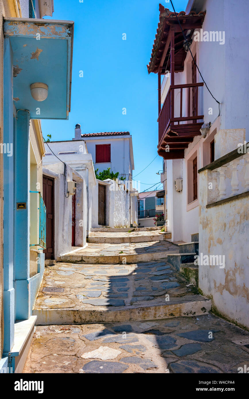 A Street in Skopelos Town, Northern Sporades Greece. Stock Photo