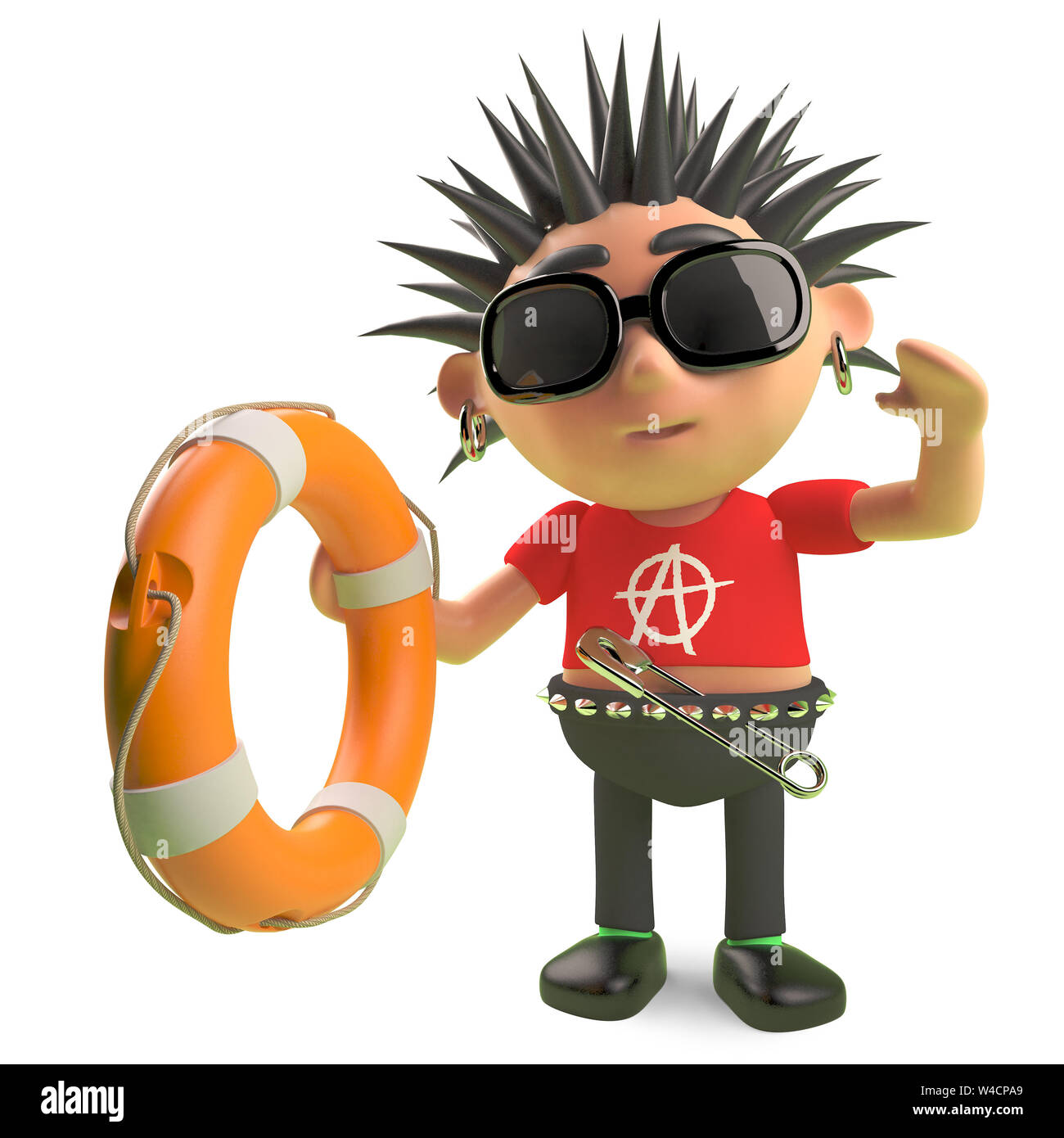 Heroic spiky punk rocker rescues someone with a life preserver, 3d illustration render Stock Photo