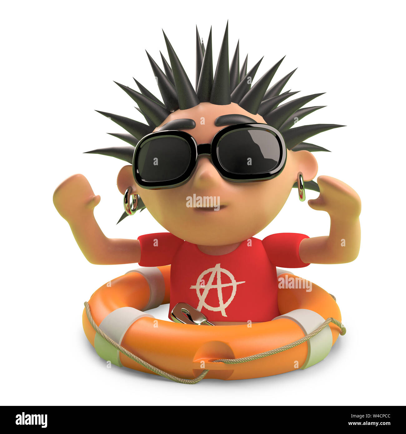 Lucky punk rocker with spiky hair has been saved with a life preserver, 3d illustration render Stock Photo