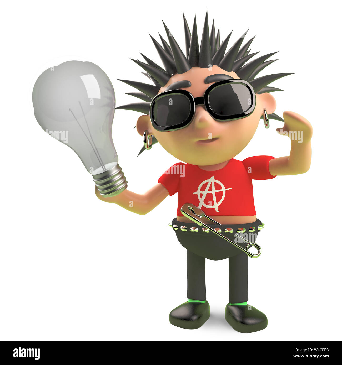 Vicious spiky punk rock character holding a lightbulb, 3d illustration ...