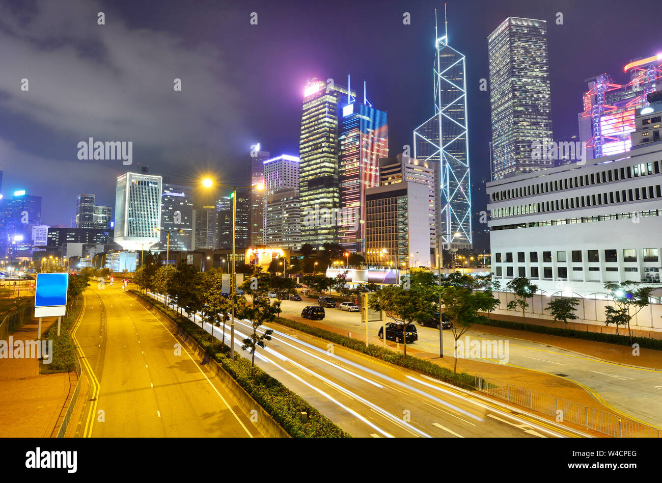 Cityscape modern office buildings in central Hong Kong at night Stock ...