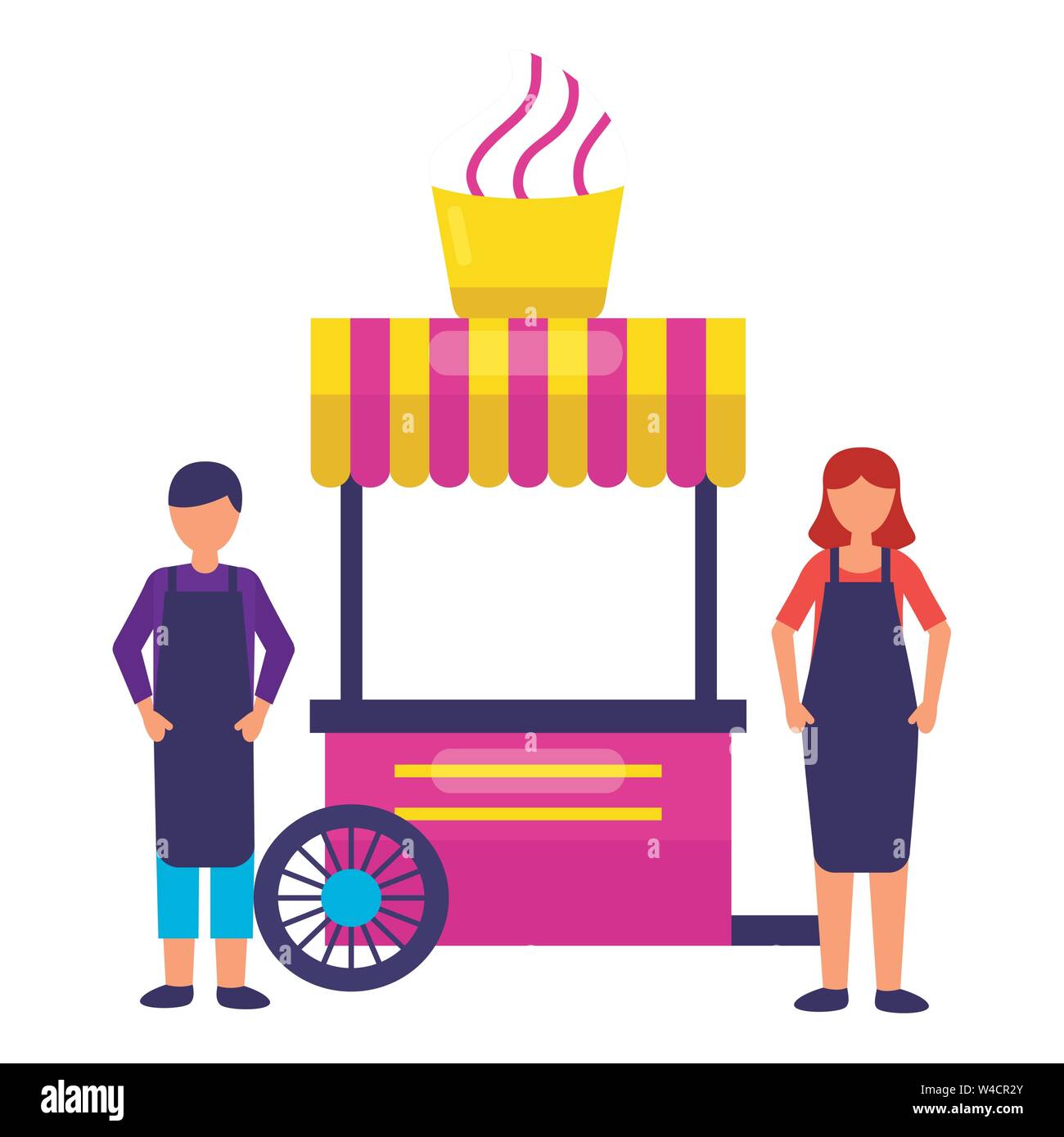 Fast food ice cream cart, vector cartoon set isolated on a white  background, street selling ice cream, comic girl street vendor ice cream  Stock Vector