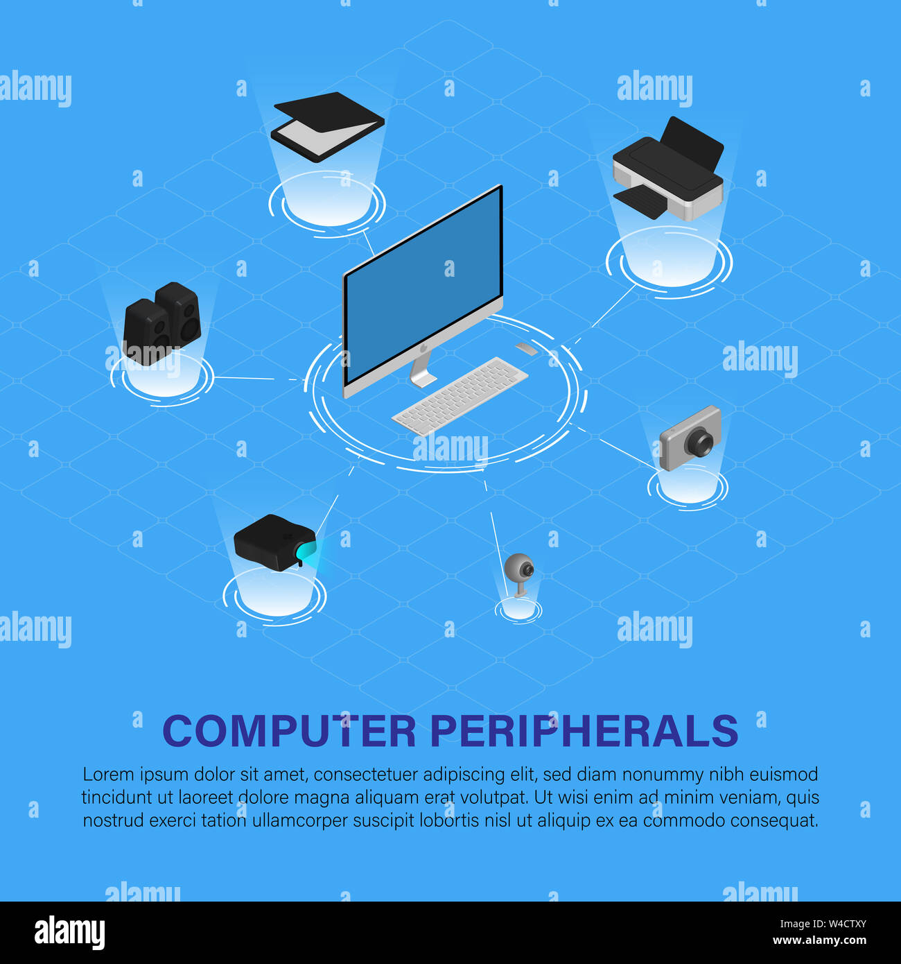 Modern computer setup surrounded by peripherals including printer, scanner, speakers, webcam, and accessories on a desk Stock Photo