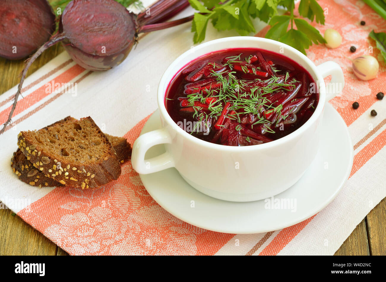 Beetroot soup, borscht in white bowl, close up Stock Photo