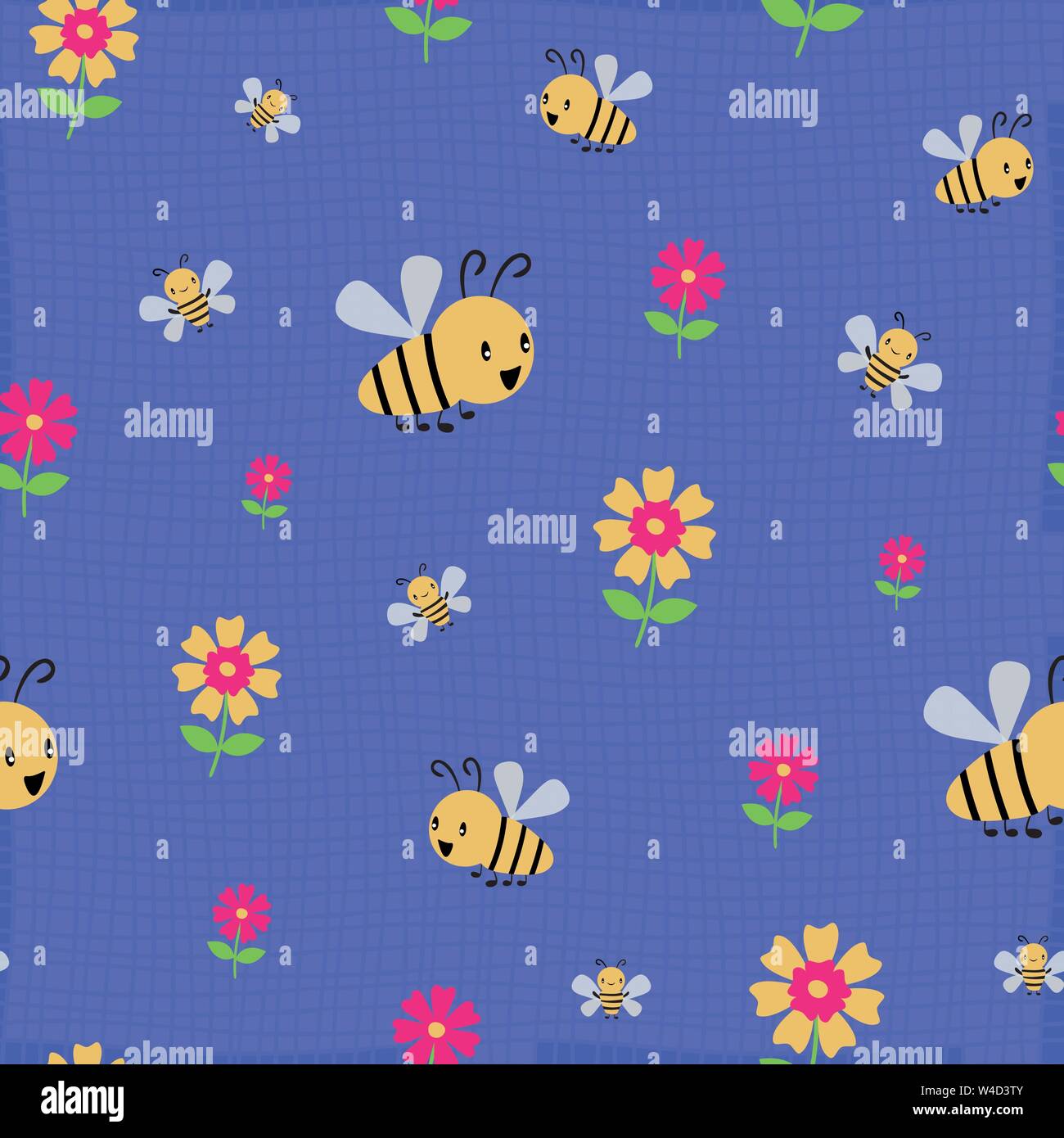 Cute cartoon honey bees and flowers on subtle doodle grid. Seamless ...