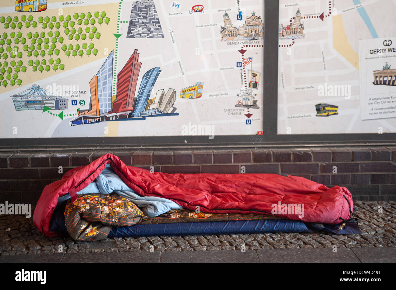 25.06.2019, Berlin, Germany, Europe - Sleeping place of a homeless person at Bahnhof Friedrichsstrasse railway station in Berlin-Mitte. Stock Photo