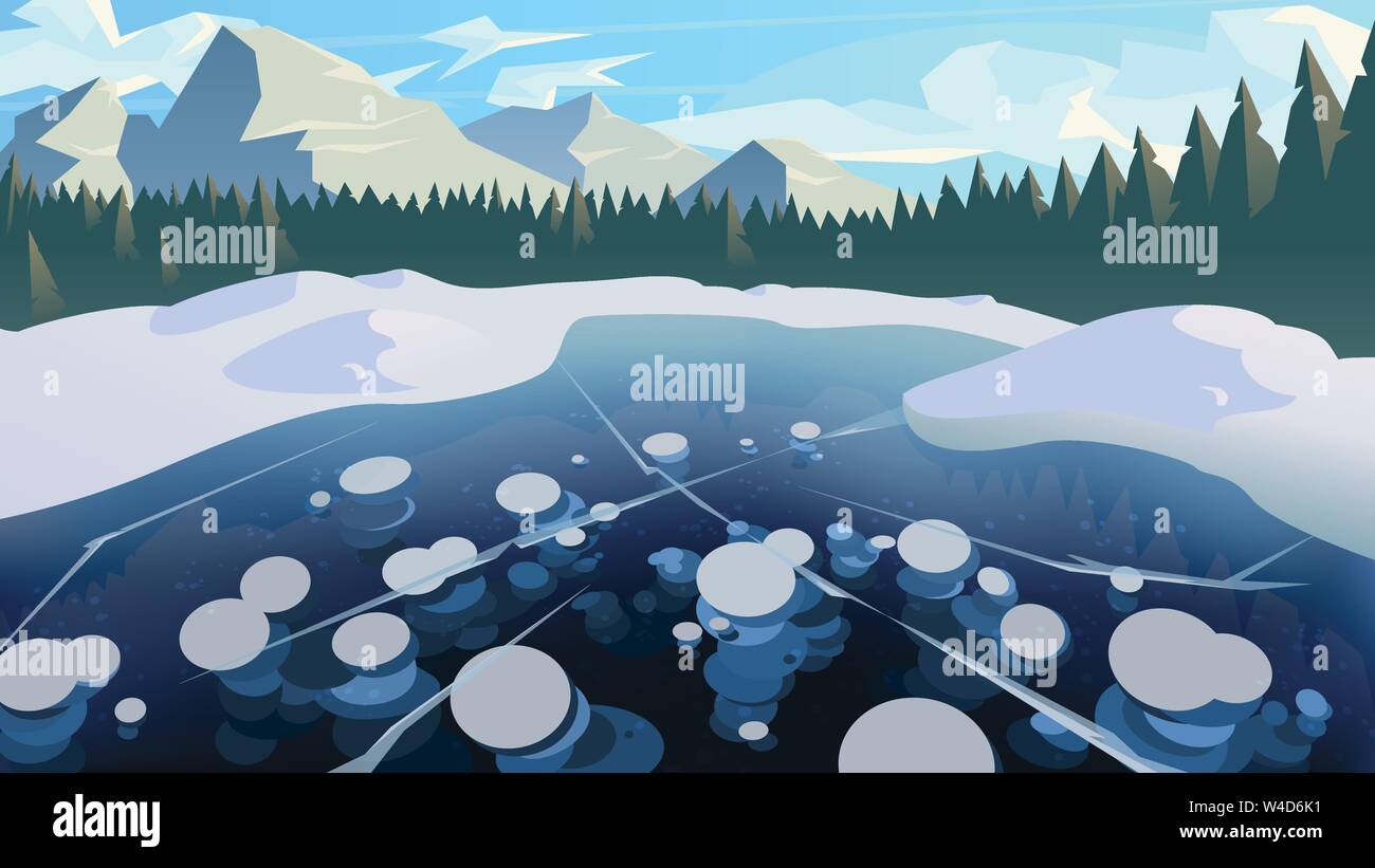 Modern winter landscape background of a frozen forest lake and mountain ...