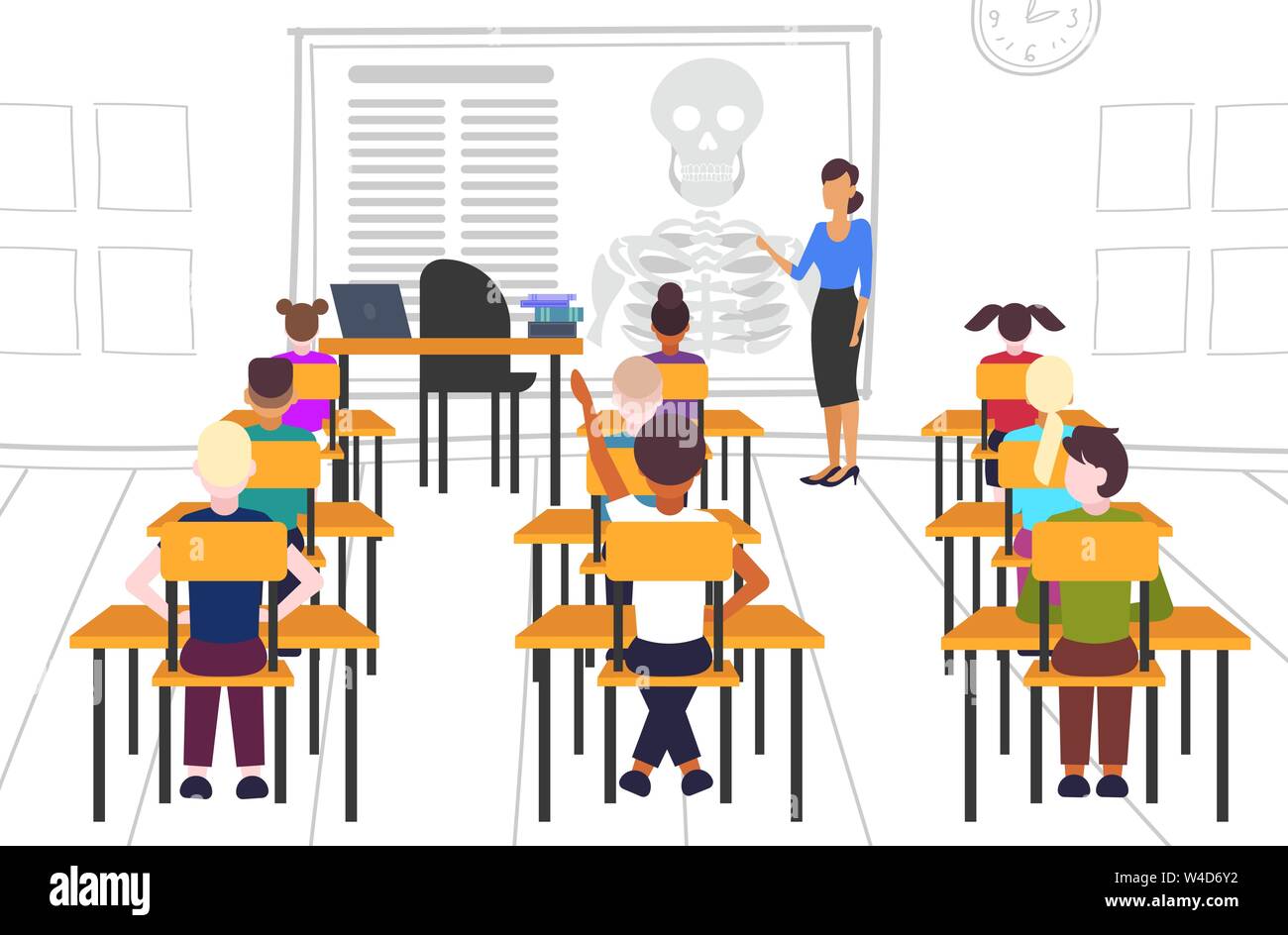 pupils sitting desks looking at female teacher pointing at skeleton biology anatomy lesson school education concept modern classroom interior full Stock Vector