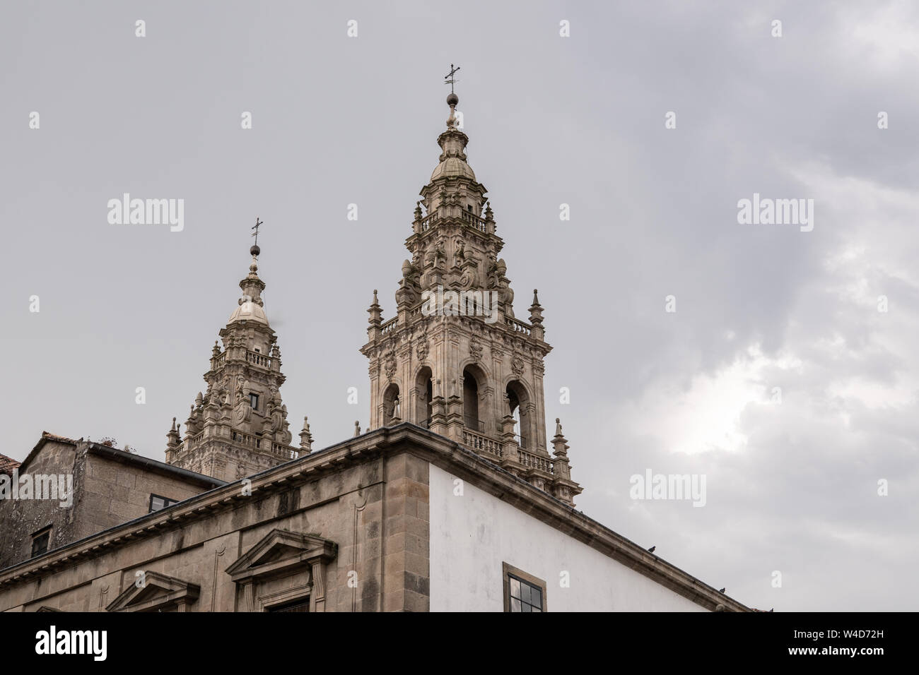 Tower of santiago de Compostela cathedral. Copy space. Low angle shot Stock Photo