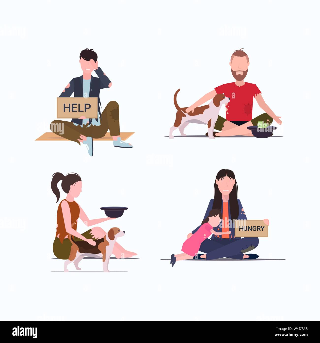 set tramps poor homeless characters needing money different beggars begging for help unemployment homeless jobless concepts collection flat full Stock Vector