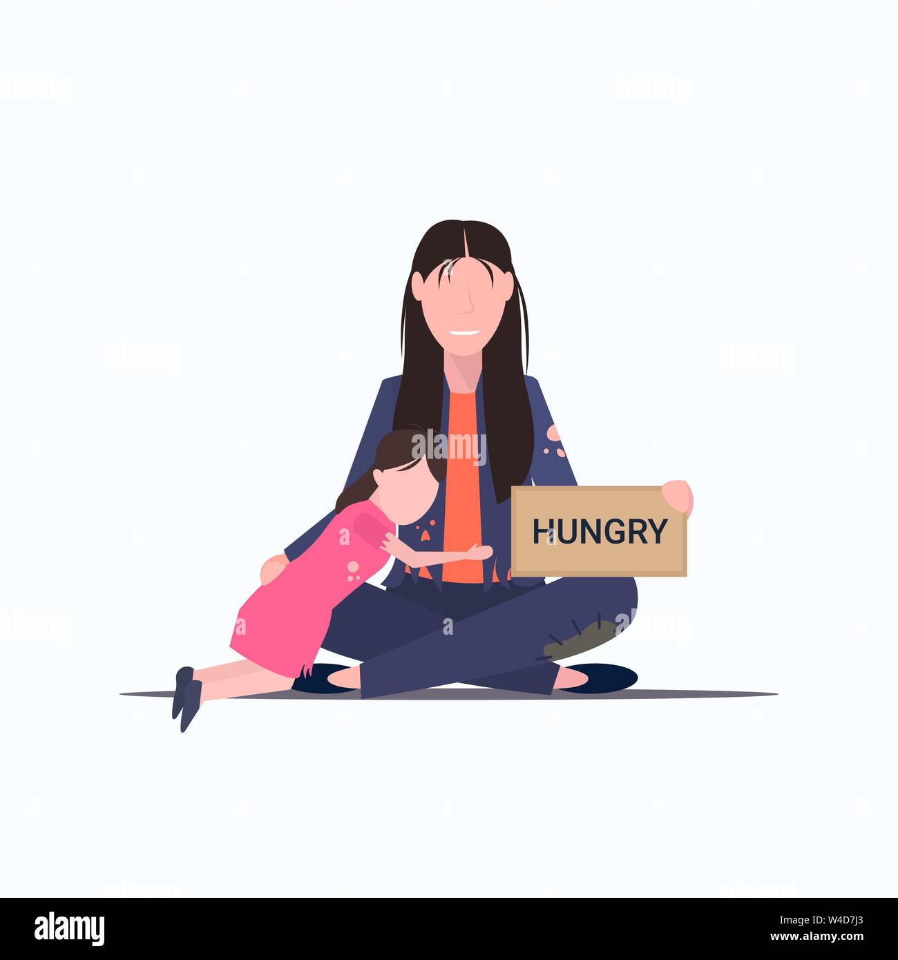 sad mother with little daughter beggar holding sign board with hungry text tramp woman with child begging for help homeless poverty concept flat full Stock Vector