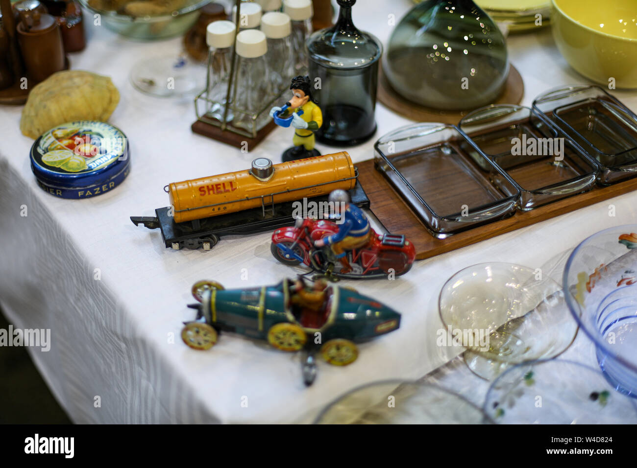 Vintage Shell toy tank wagon and other old items displayed at Retro and Vintage Design Expo in Helsinki, Finland Stock Photo
