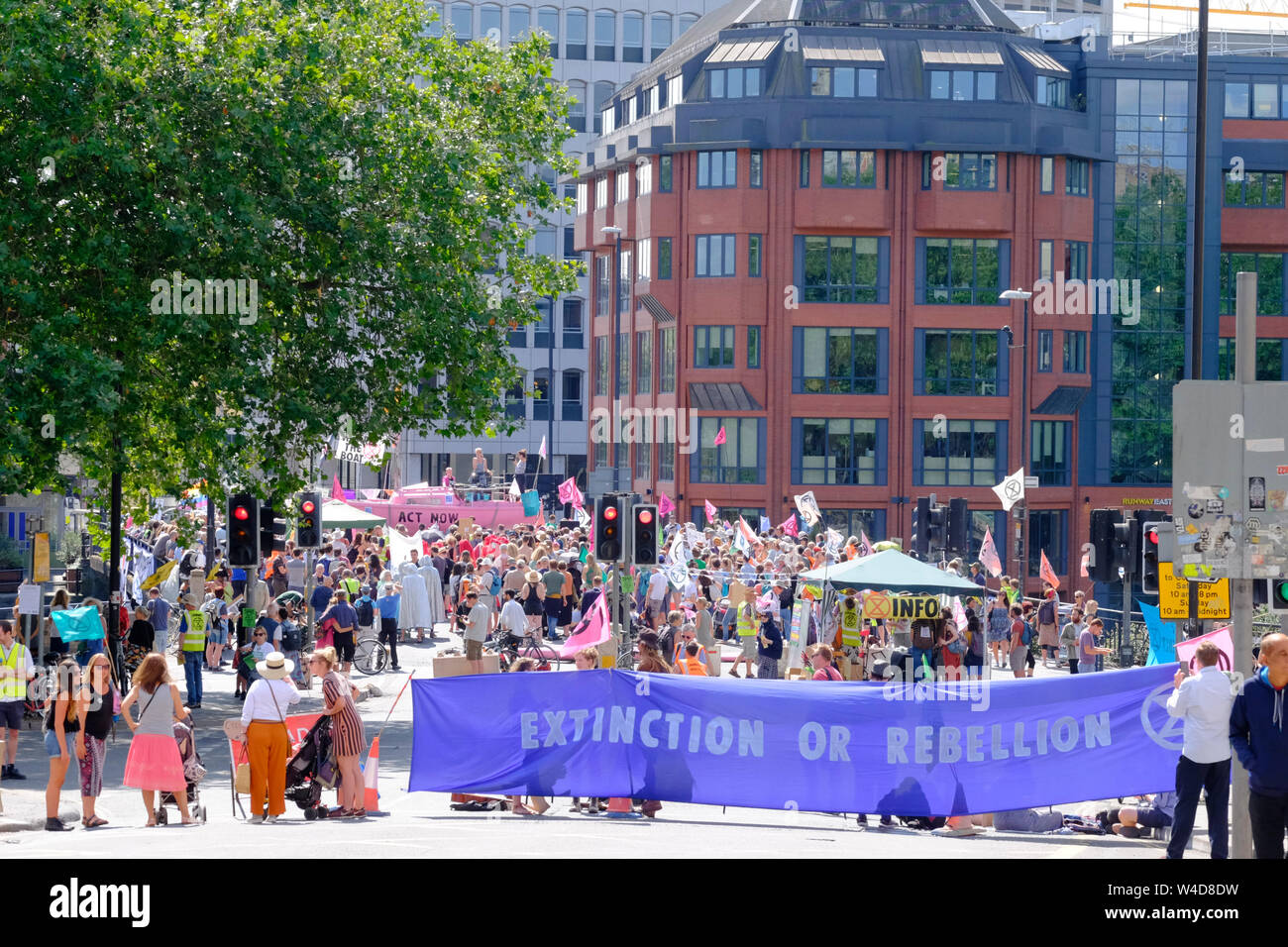 As part of the Extinction rebellion movement summer uprising a group have occupied Bristol Bridge in the center of the city. The protest is to raise a Stock Photo