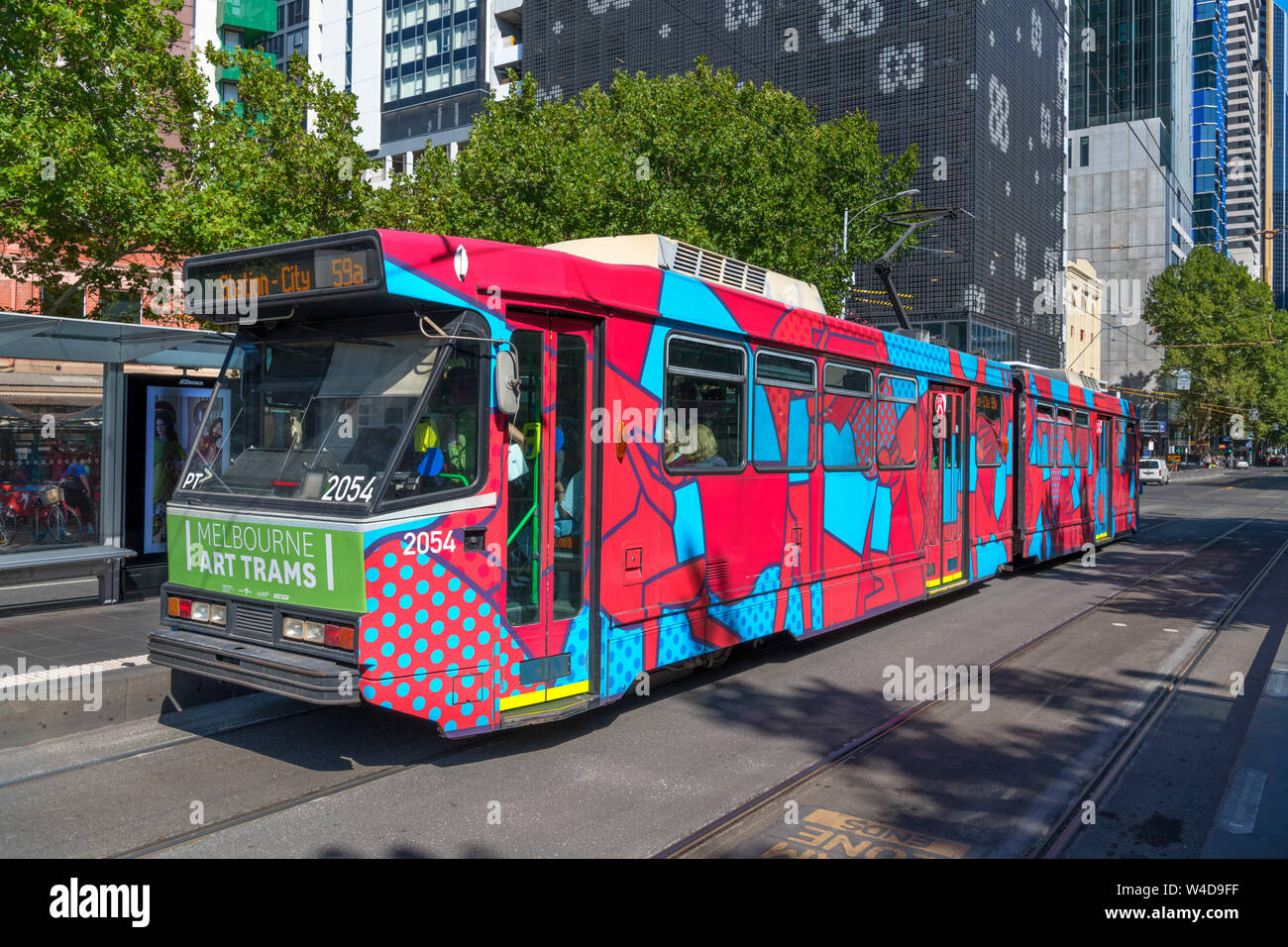 Melbourne Arts Tram no 2054, designed by the artist Stephen Baker, Elizabeth Street, Melbourne, Victoria, Australia Stock Photo