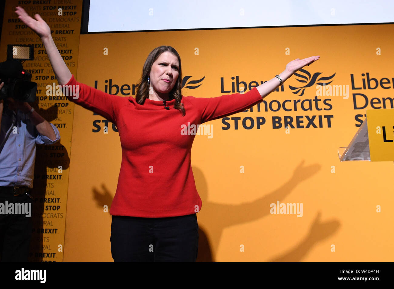 Jo Swinson speaking at Proud Embankment in London after she was elected leader of the Liberal Democrats. Stock Photo