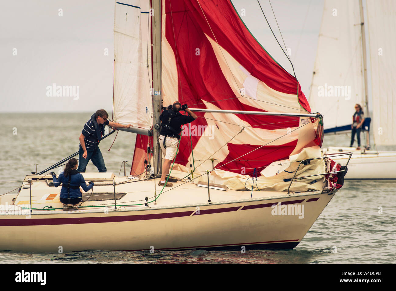 Working together. Crew of sailboats working at setting up spinnaker in