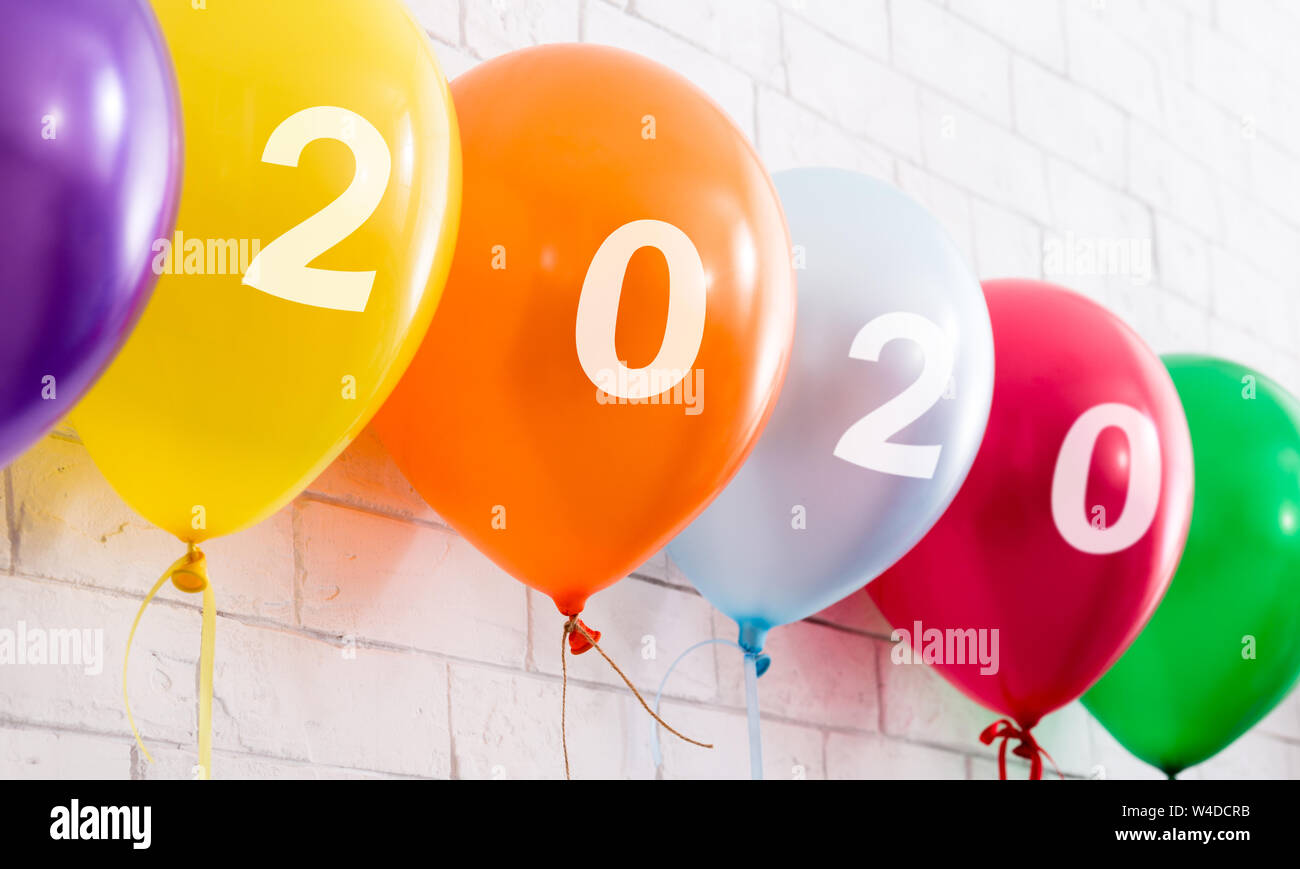 Close up of bright colors balloons with white text Stock Photo