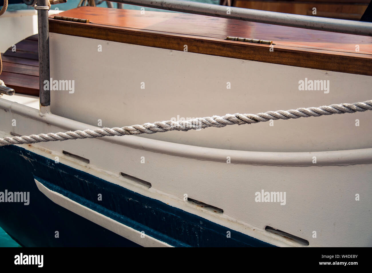 Sailboat tackle. Spliced mooring line. Stock Photo
