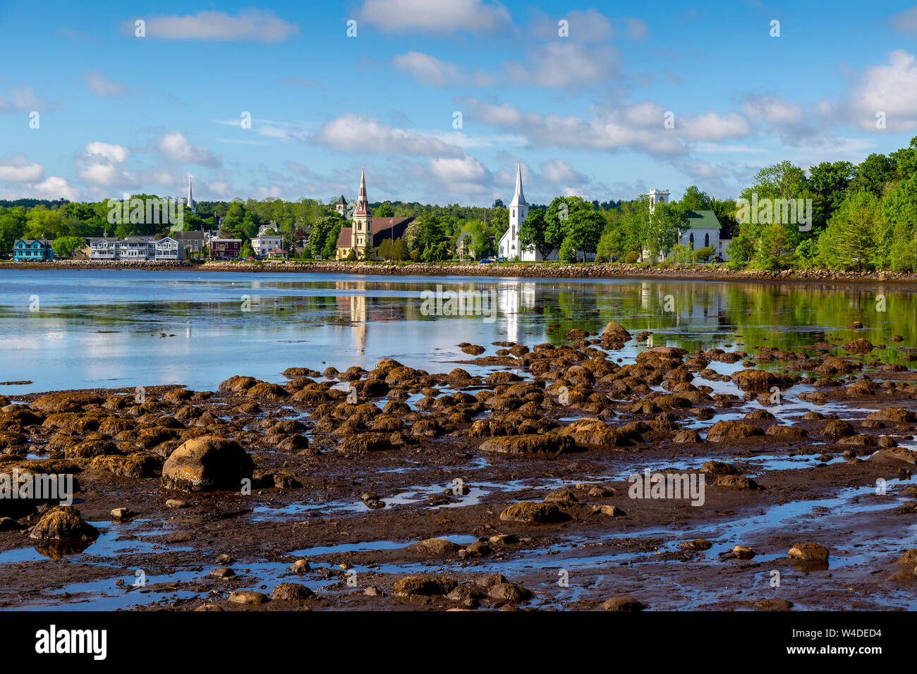 Three churches along the waterfront in Mahone Bay, Nova Scotia, Canada. Stock Photo