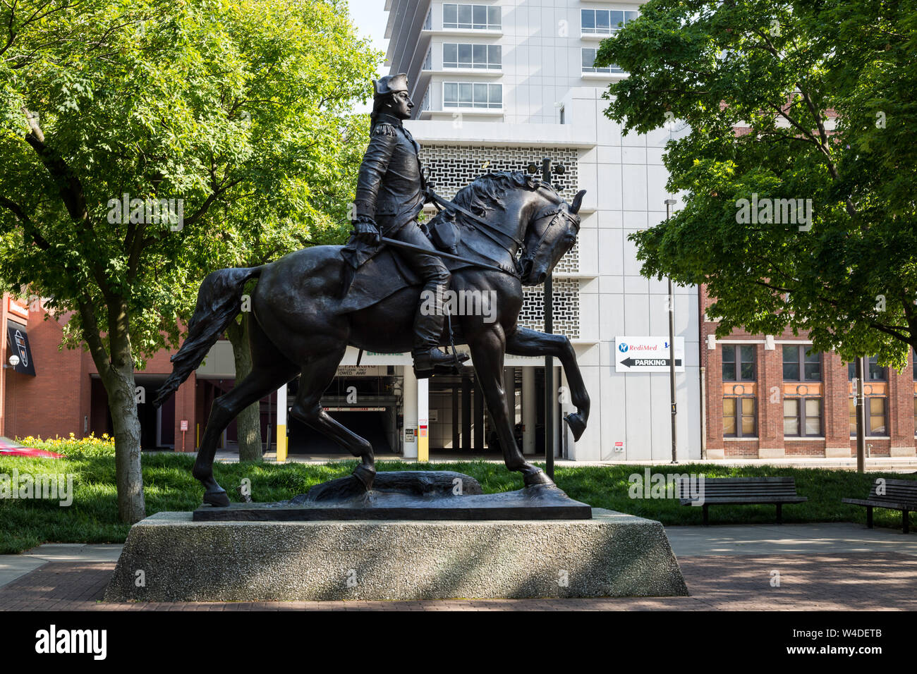 A majestic statue of General "Mad" Anthony Wayne and his horse stands