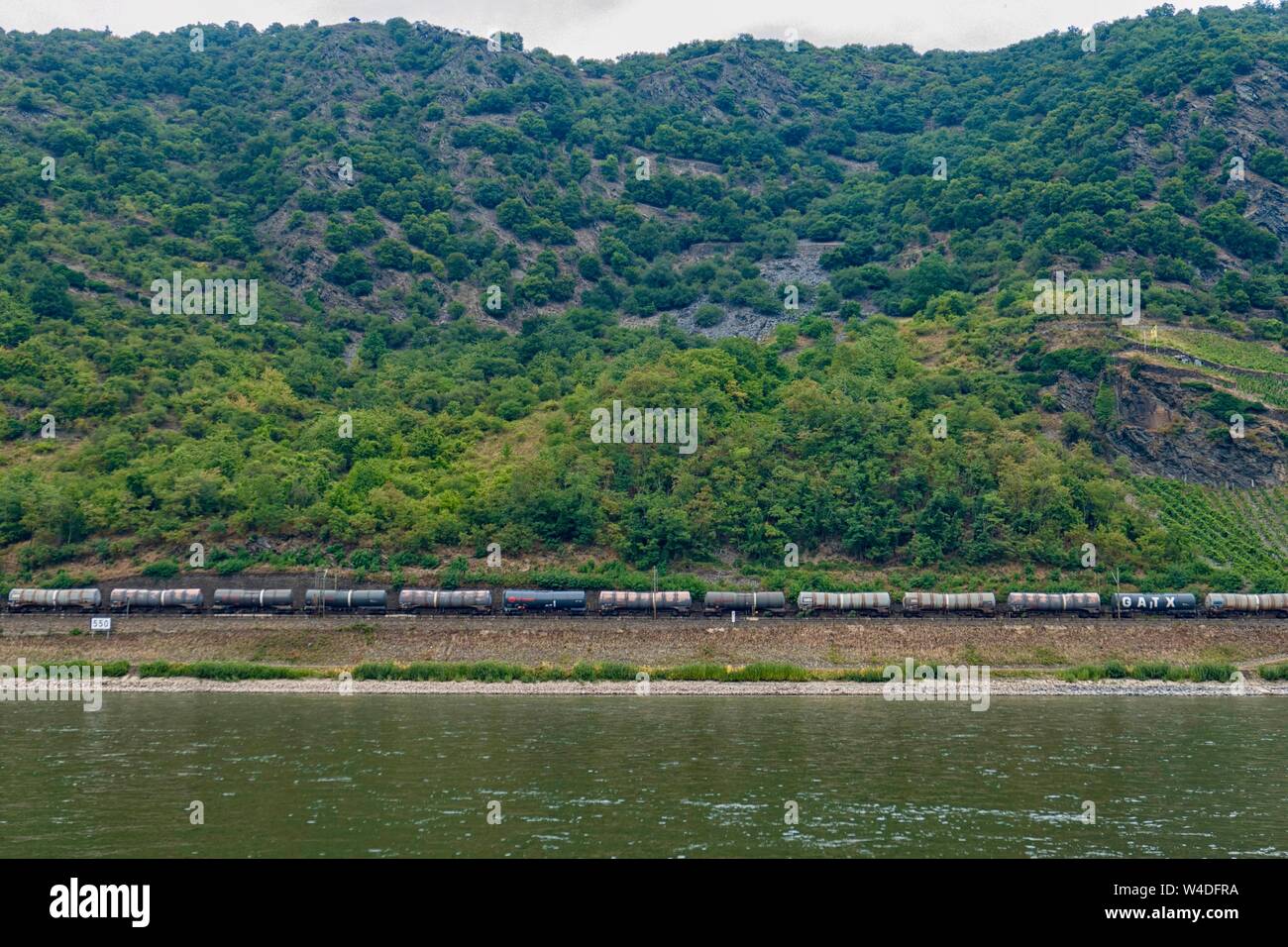Freight train near the Rhine in the UNESCO World Heritage in the Upper Middle Rhine Valley, Germany Stock Photo