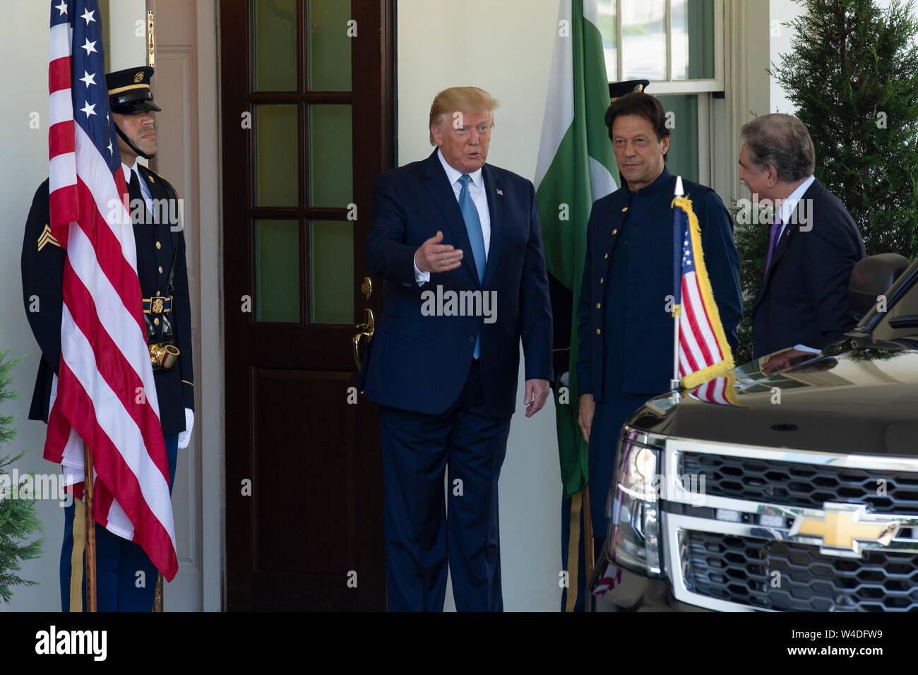 United States President Donald J. Trump greets the Prime Minister of the Islamic Republic of Pakistan Imran Khan as he arrives to the White House in Washington, DC, U.S. on July 22, 2019. Credit: Stefani Reynolds/CNP /MediaPunch Stock Photo