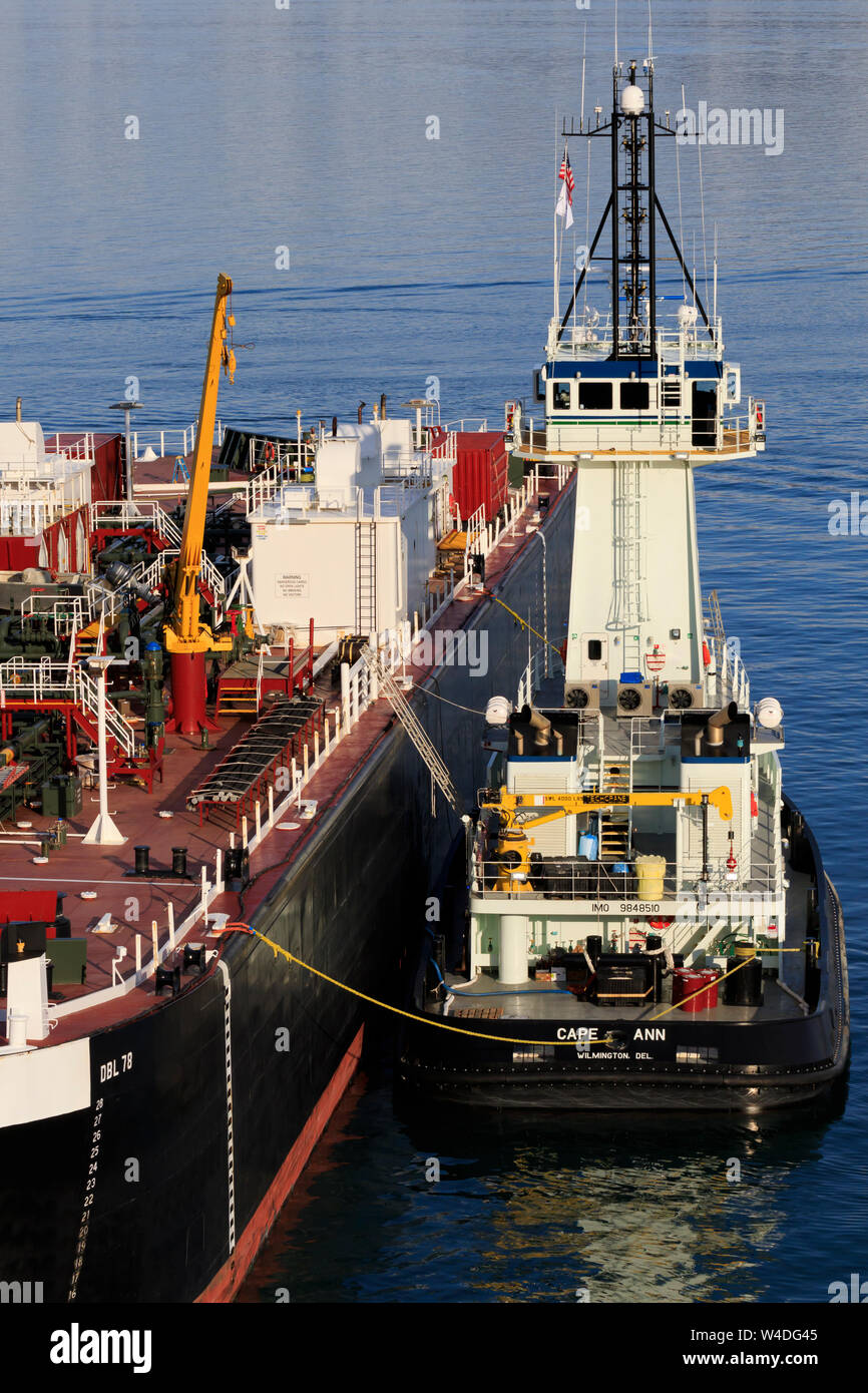 Fuel barge & tugboat, Valdez, Prince William Sound, Alaska, USA Stock