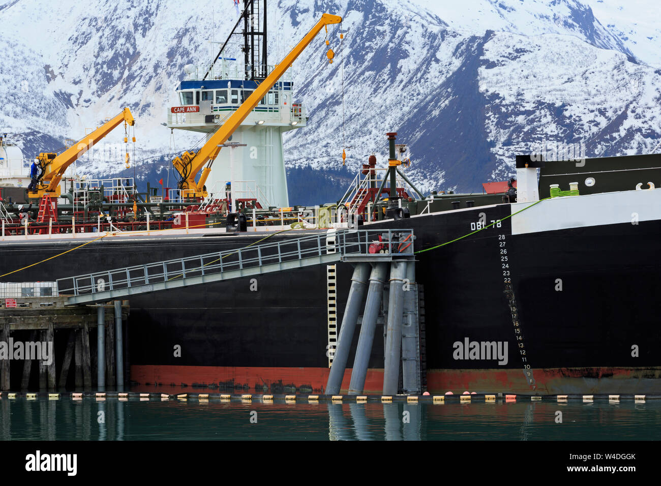 Fuel barge & tugboat, Valdez, Prince William Sound, Alaska, USA Stock