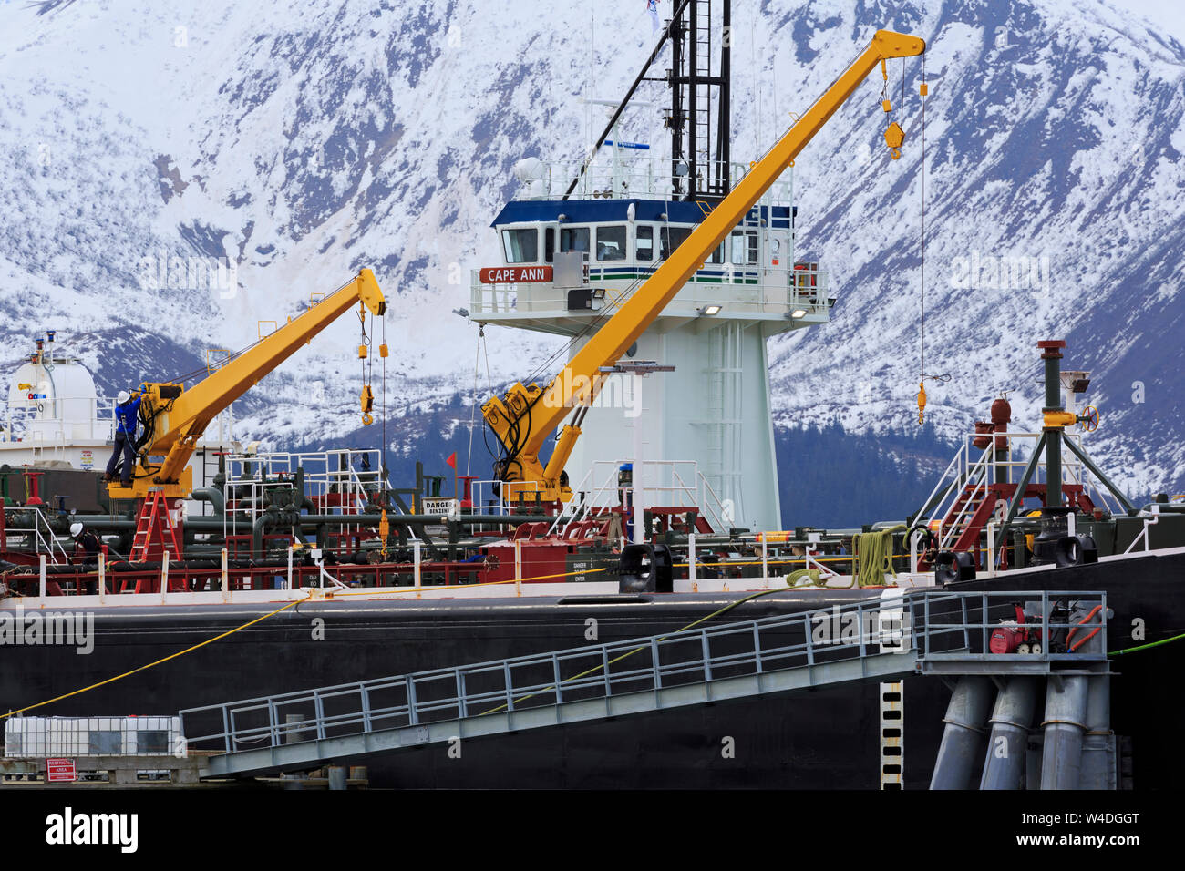 Fuel barge & tugboat, Valdez, Prince William Sound, Alaska, USA Stock