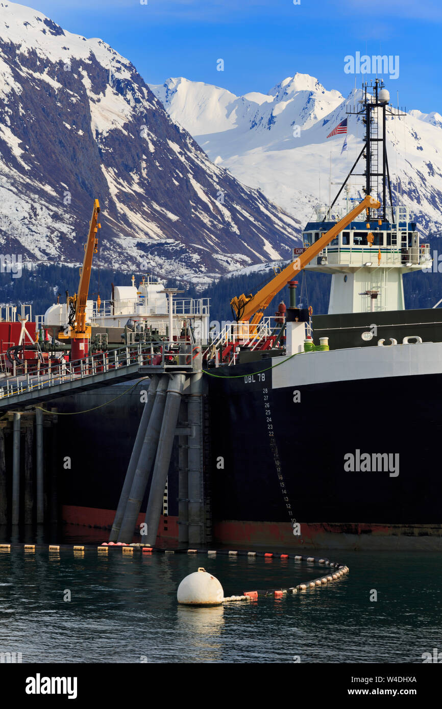 Fuel barge & tugboat, Valdez, Prince William Sound, Alaska, USA Stock
