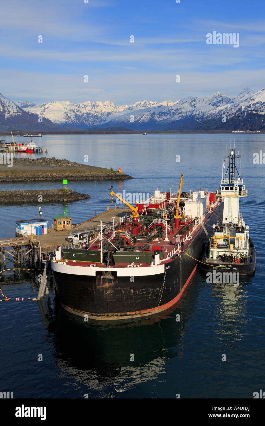 Fuel barge & tugboat, Valdez, Prince William Sound, Alaska, USA Stock