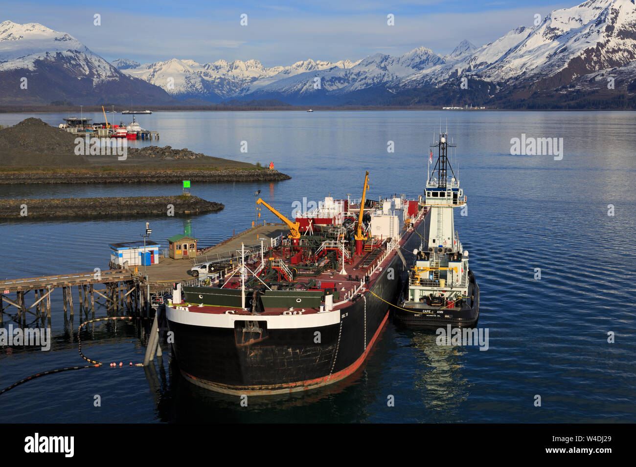 Fuel barge & tugboat, Valdez, Prince William Sound, Alaska, USA Stock