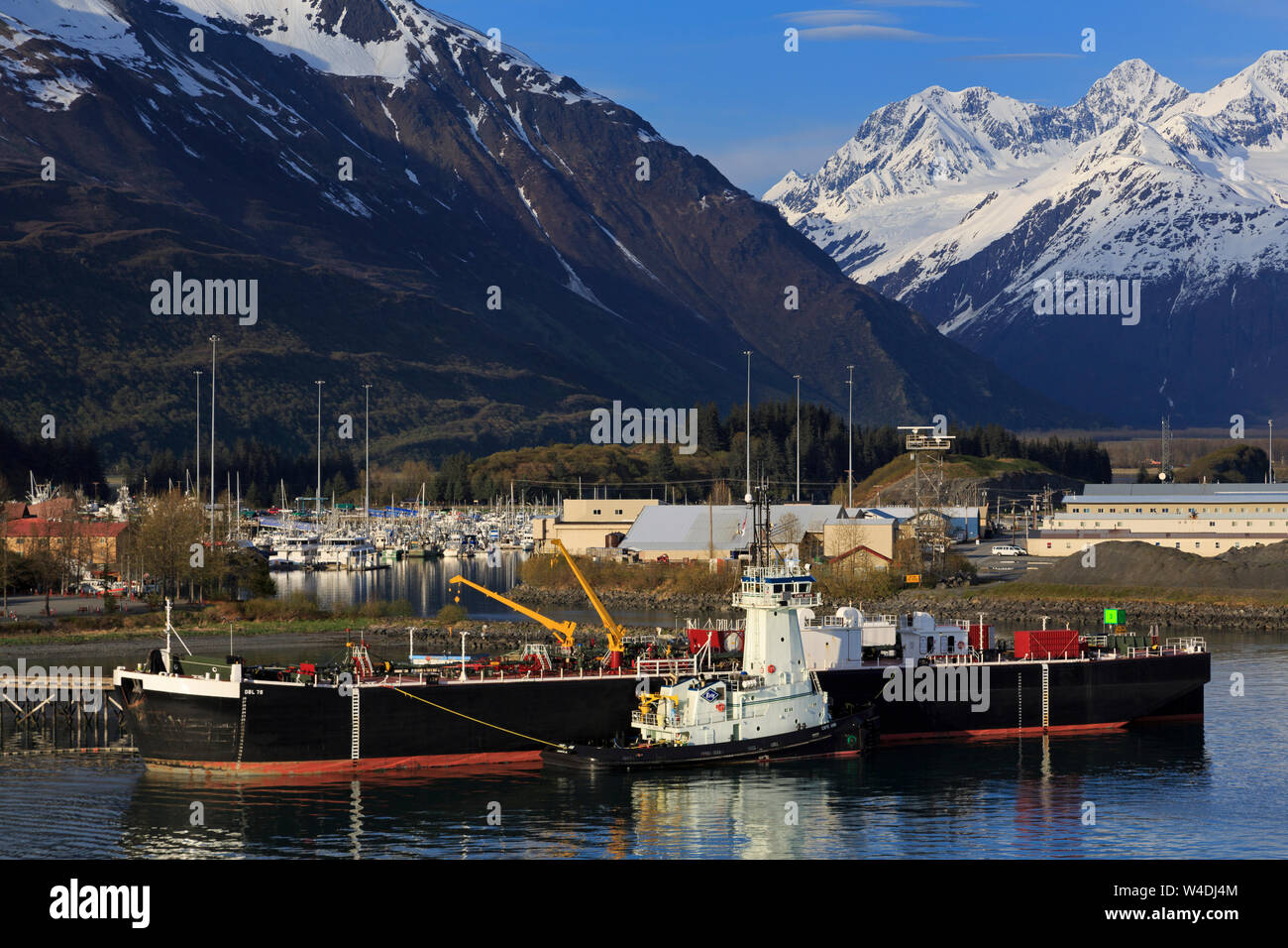 Fuel barge & tugboat, Valdez, Prince William Sound, Alaska, USA Stock