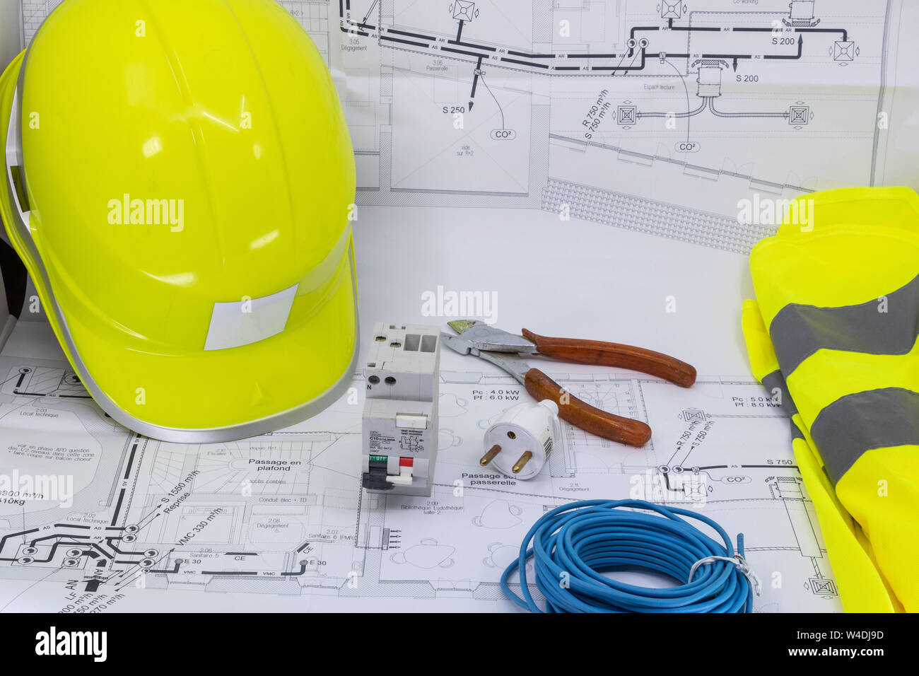 Electricity, Electrician Graphic Resource With Home Plan Safety Equipment And Electrical Equipment For Electrician Stock Photo
