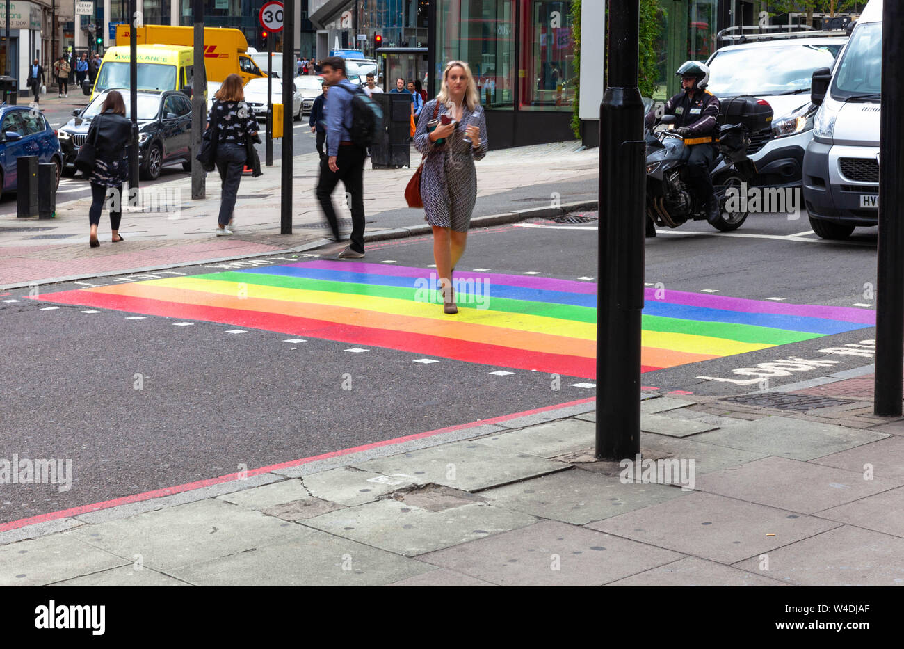 A rainbow pedestrian crossing, London, England, UK. Stock Photo